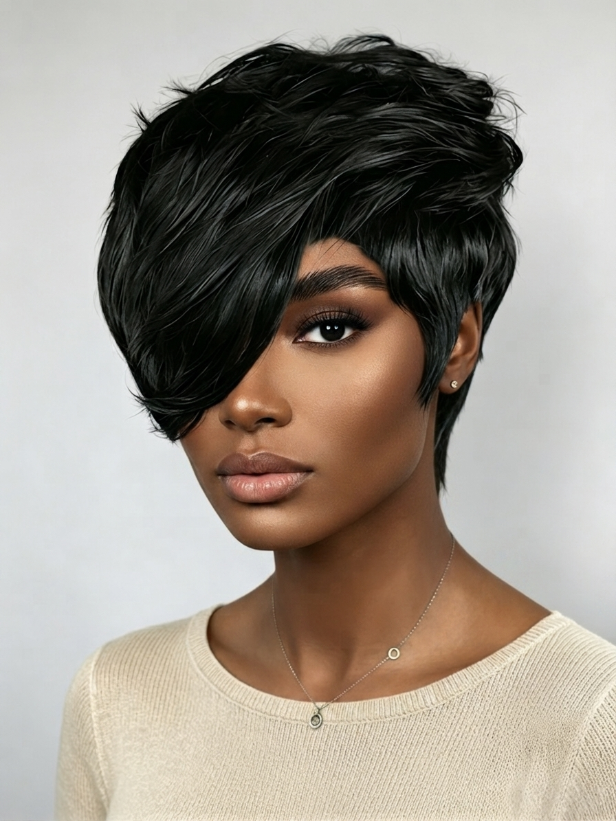 A woman wearing a short, layered black wig with a side-swept bang and soft texture, shown against a light gray studio background.