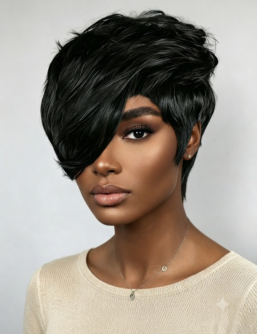 A woman wearing a short, layered black wig with a side-swept bang and textured styling, shown against a plain light gray background.