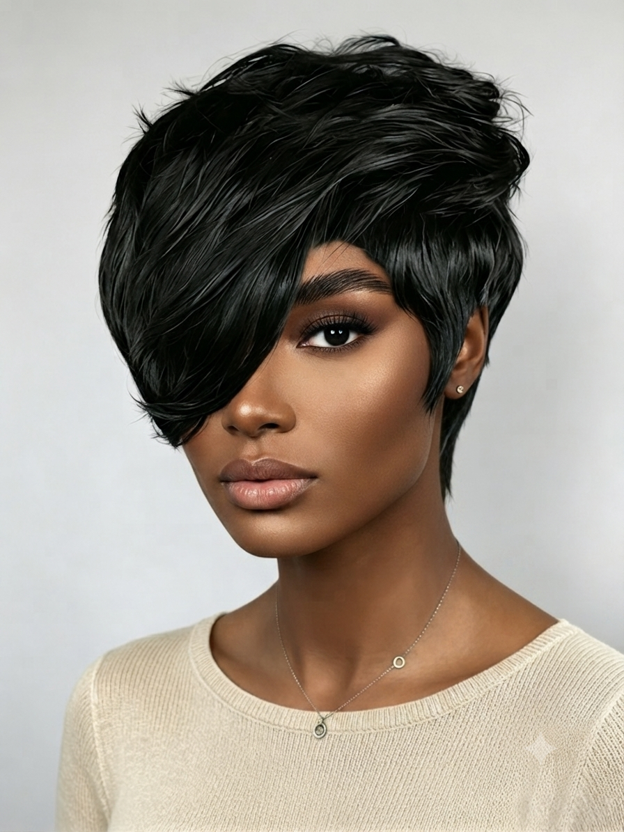 A woman wearing a short, layered black wig with a side-swept bang and textured styling, shown against a plain light gray background.