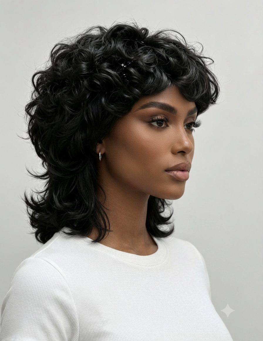 A woman shown in profile wearing a short, curly black wig and a white ribbed top against a plain light gray background.