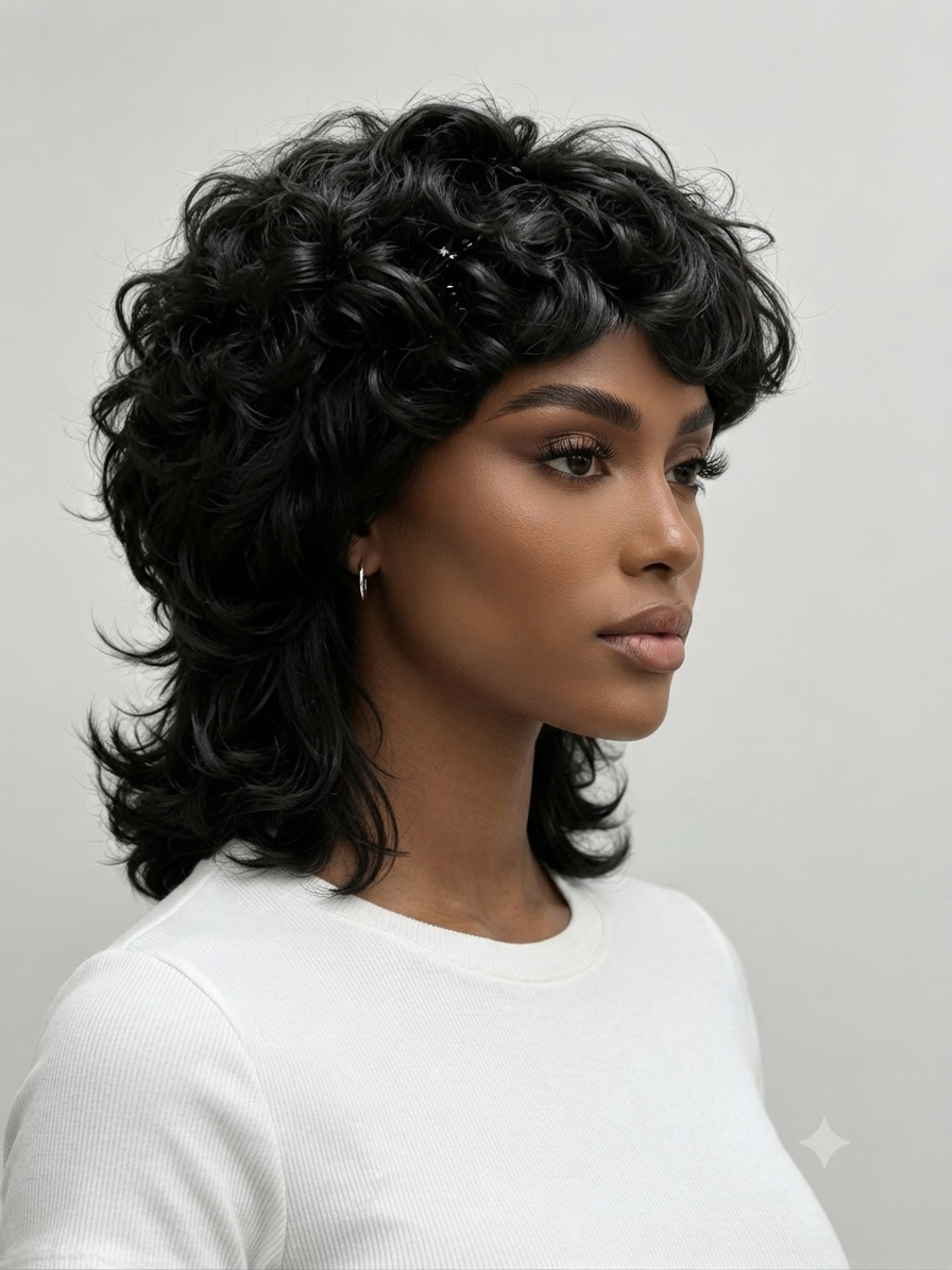 A woman shown in profile wearing a short, curly black wig and a white ribbed top against a plain light gray background.