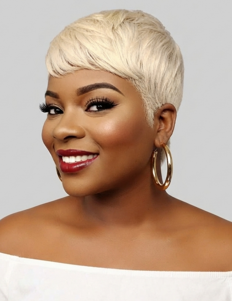 A woman with a short, textured platinum blonde wig, styled with gold hoop earrings and a white off-the-shoulder top, shown against a solid gray background.
