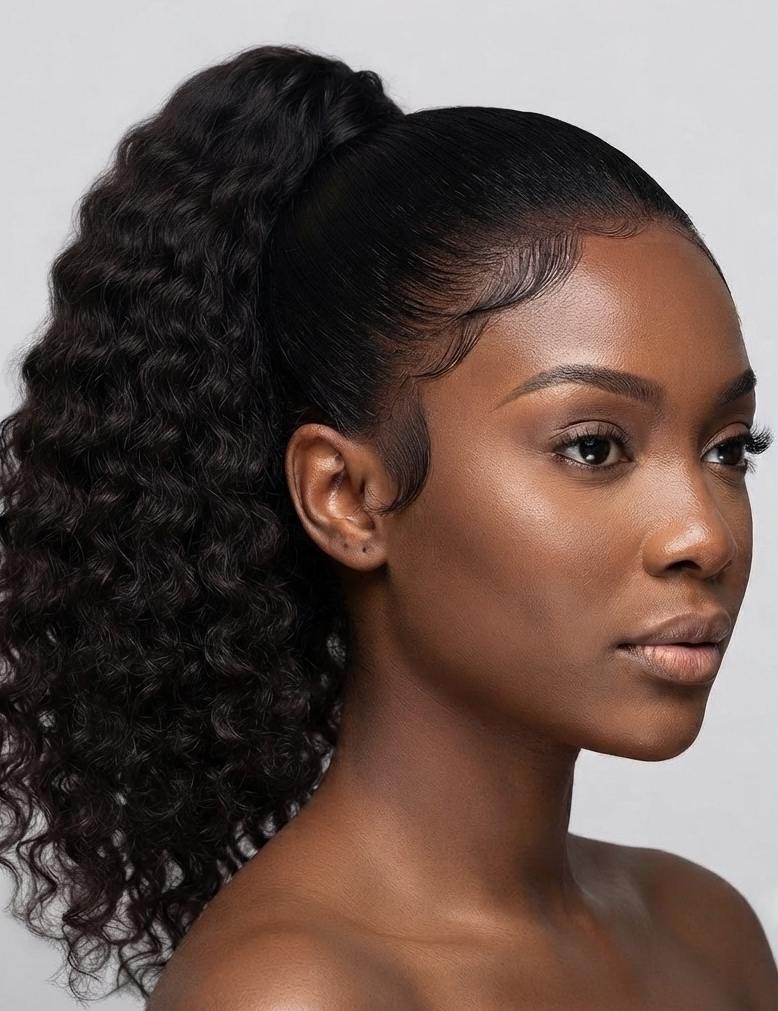 A woman with a high-volume, curly dark brown to black ponytail wig, styled with a side part and realistic hairline, shown in a close-up profile against a light gray background.