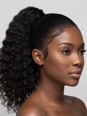 A woman with a high-volume, curly dark brown to black ponytail wig, styled with a side part and realistic hairline, shown in a close-up profile against a light gray background.
