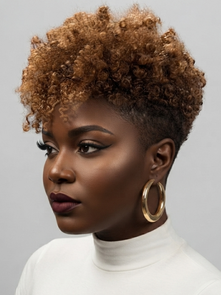A woman with a short, voluminous curly hairstyle in warm brown and golden tones, wearing large gold hoop earrings and a white turtleneck against a light gray background.