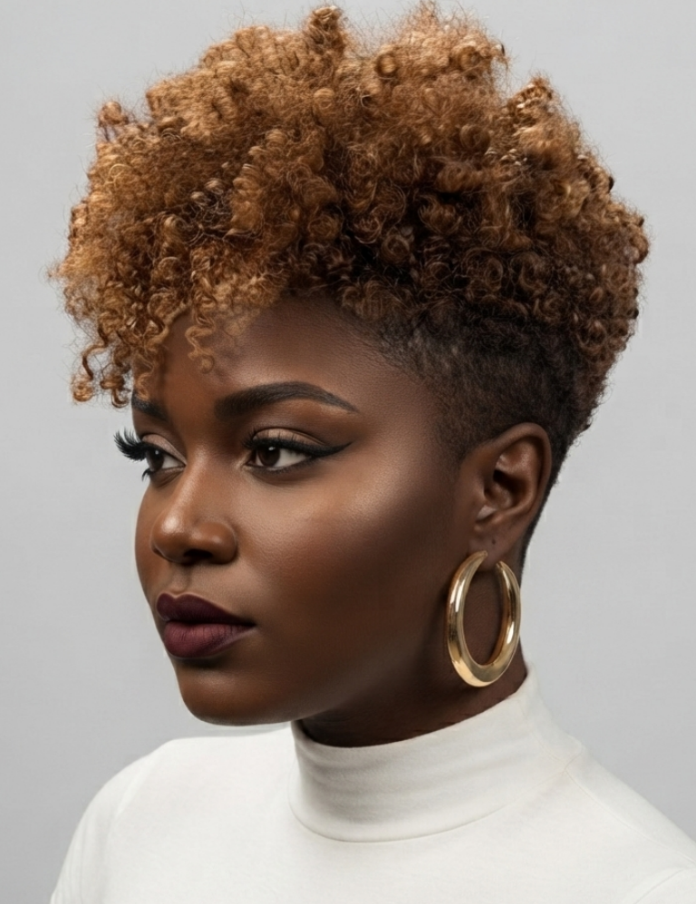 A woman with a short, voluminous curly hairstyle in warm brown and golden tones, wearing large gold hoop earrings and a white turtleneck against a light gray background.
