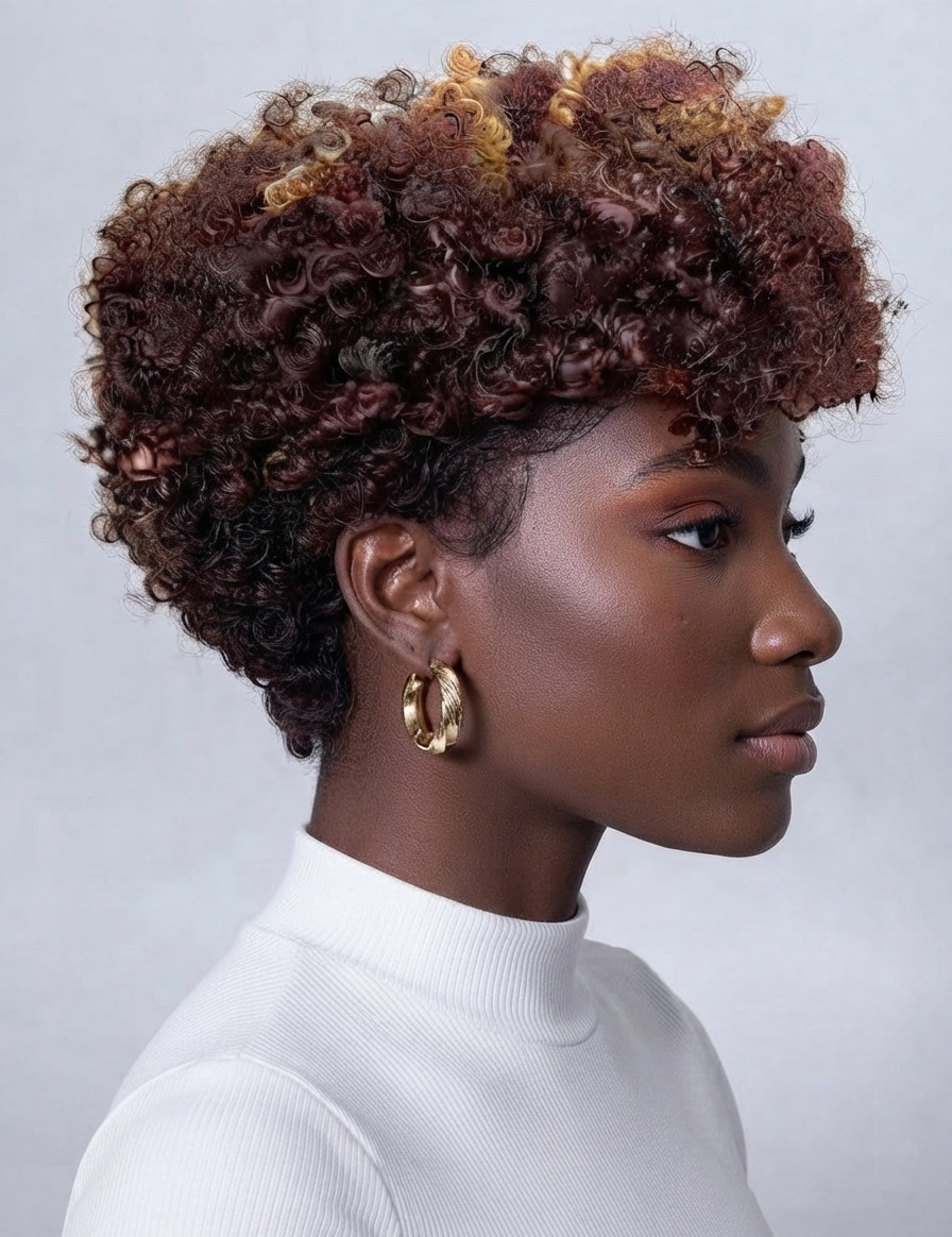 A woman in profile wearing a white ribbed mock neck top and gold hoop earrings, featuring a voluminous, tightly curled afro hairstyle with dark brown, reddish-brown, and golden blonde highlights, set against a neutral light gray background.