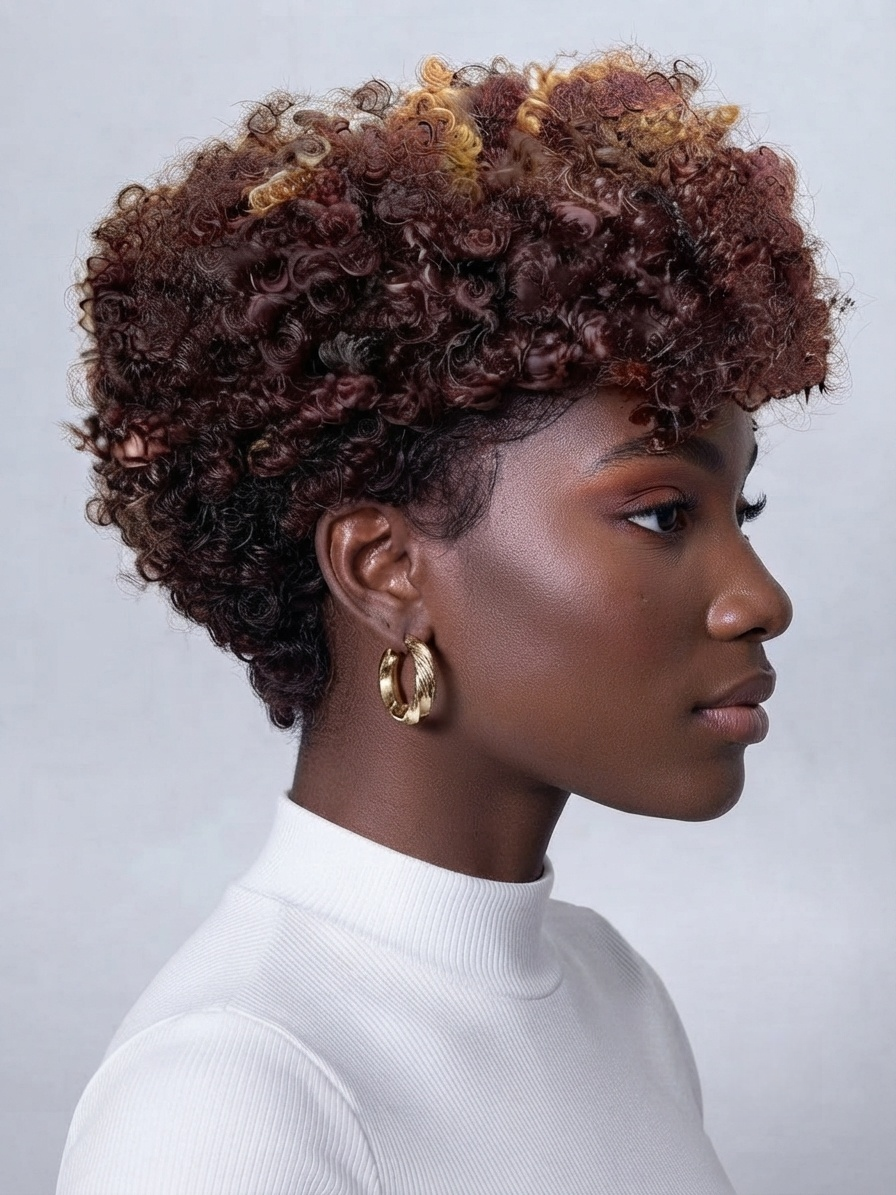 A woman in profile wearing a white ribbed mock neck top and gold hoop earrings, featuring a voluminous, tightly curled afro hairstyle with dark brown, reddish-brown, and golden blonde highlights, set against a neutral light gray background.