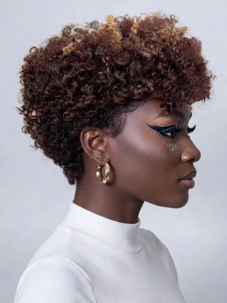 A woman in profile wearing a short, voluminous curly wig with dark brown and warm caramel-blonde highlights, styled with dramatic black eye makeup and gold hoop earrings against a light gray background.