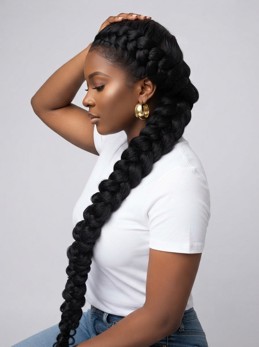 A woman with very long, thick black braided hair wearing a white t-shirt and blue jeans, posing in profile against a light gray background.