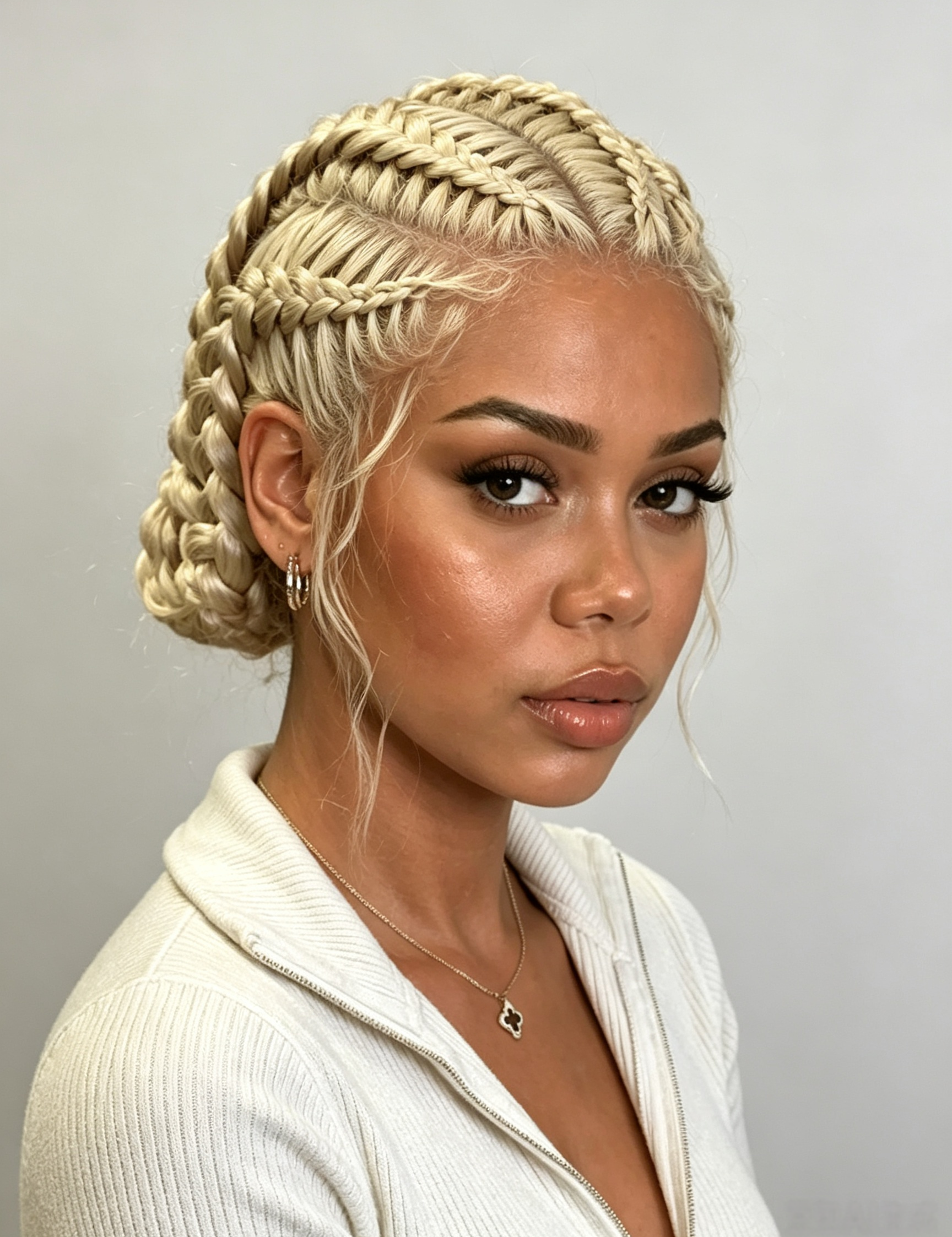 A close-up portrait of a woman with platinum blonde hair styled in intricate braided cornrow patterns, wearing a white ribbed zip-up top against a plain light gray background.