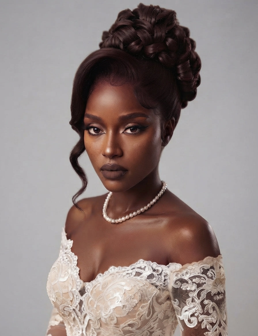 A woman with an elegant updo hairstyle and pearl necklace, wearing a white lace off-the-shoulder wedding dress against a neutral gray background.
