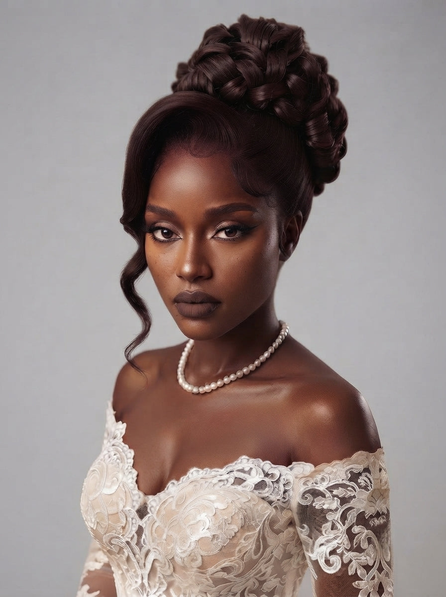 A woman with an elegant updo hairstyle and pearl necklace, wearing a white lace off-the-shoulder wedding dress against a neutral gray background.