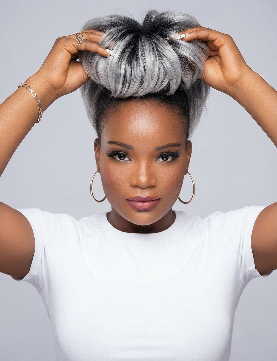 A woman with a voluminous, high-top updo hairstyle featuring a silver and black ombre pattern, wearing a white t-shirt and gold hoop earrings against a light gray background.
