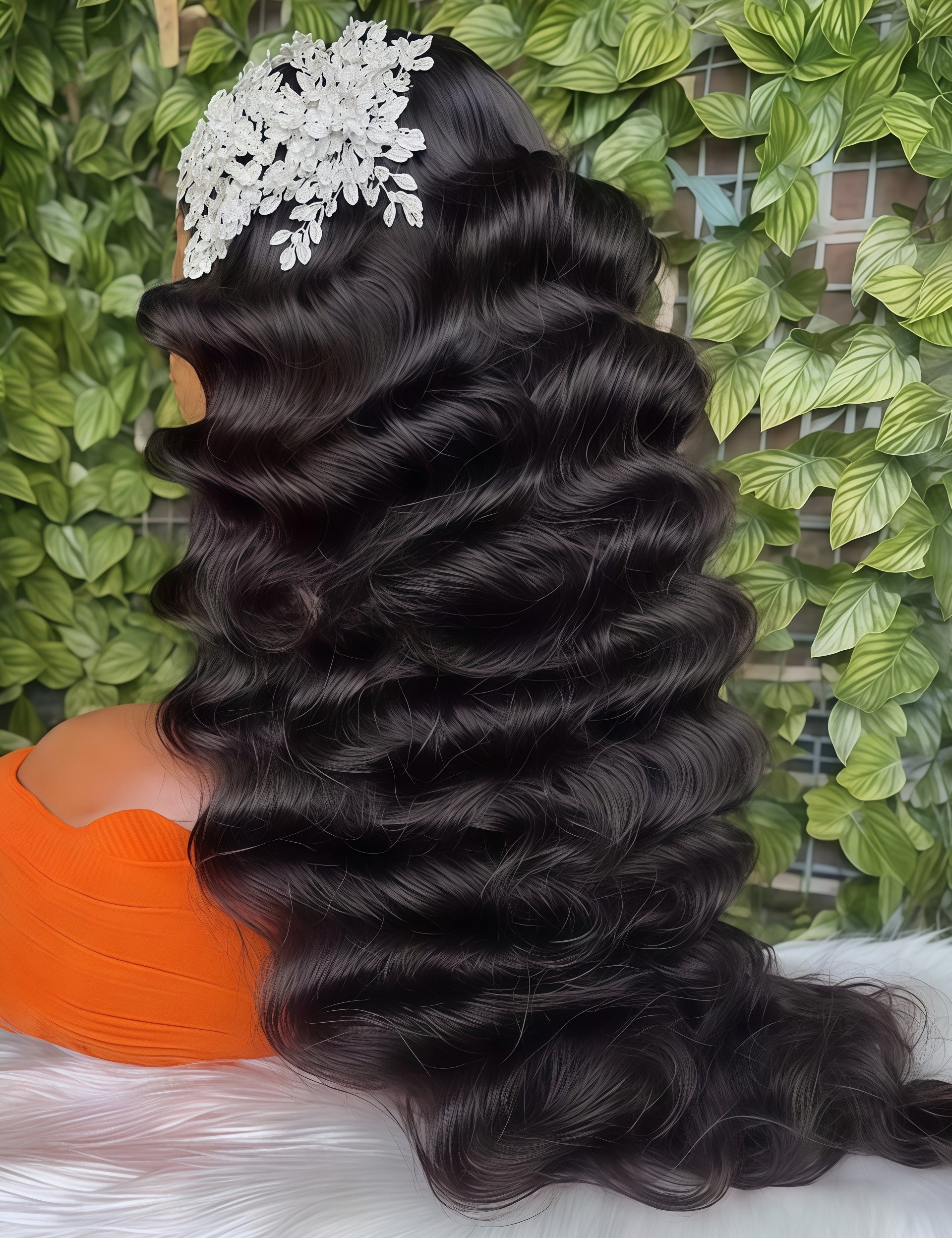 Long, dark brown to black wavy hair extension or wig displayed on a mannequin head, styled with a white floral headpiece, set against a green leaf wall background.