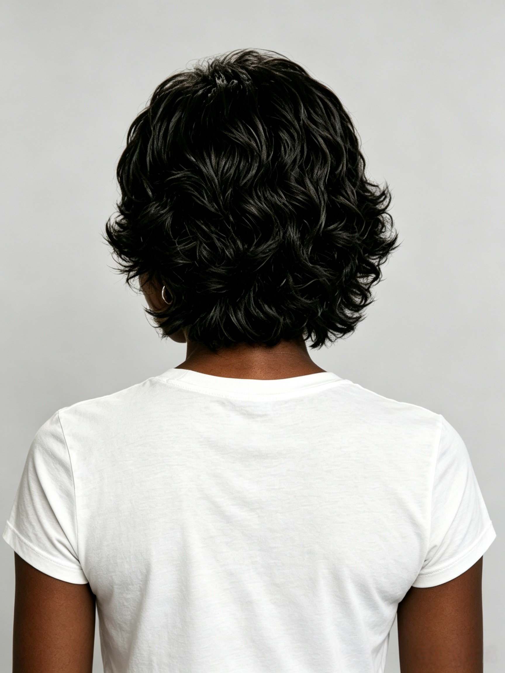 Back view of a person with short, curly black hair wearing a plain white t-shirt against a light gray background.