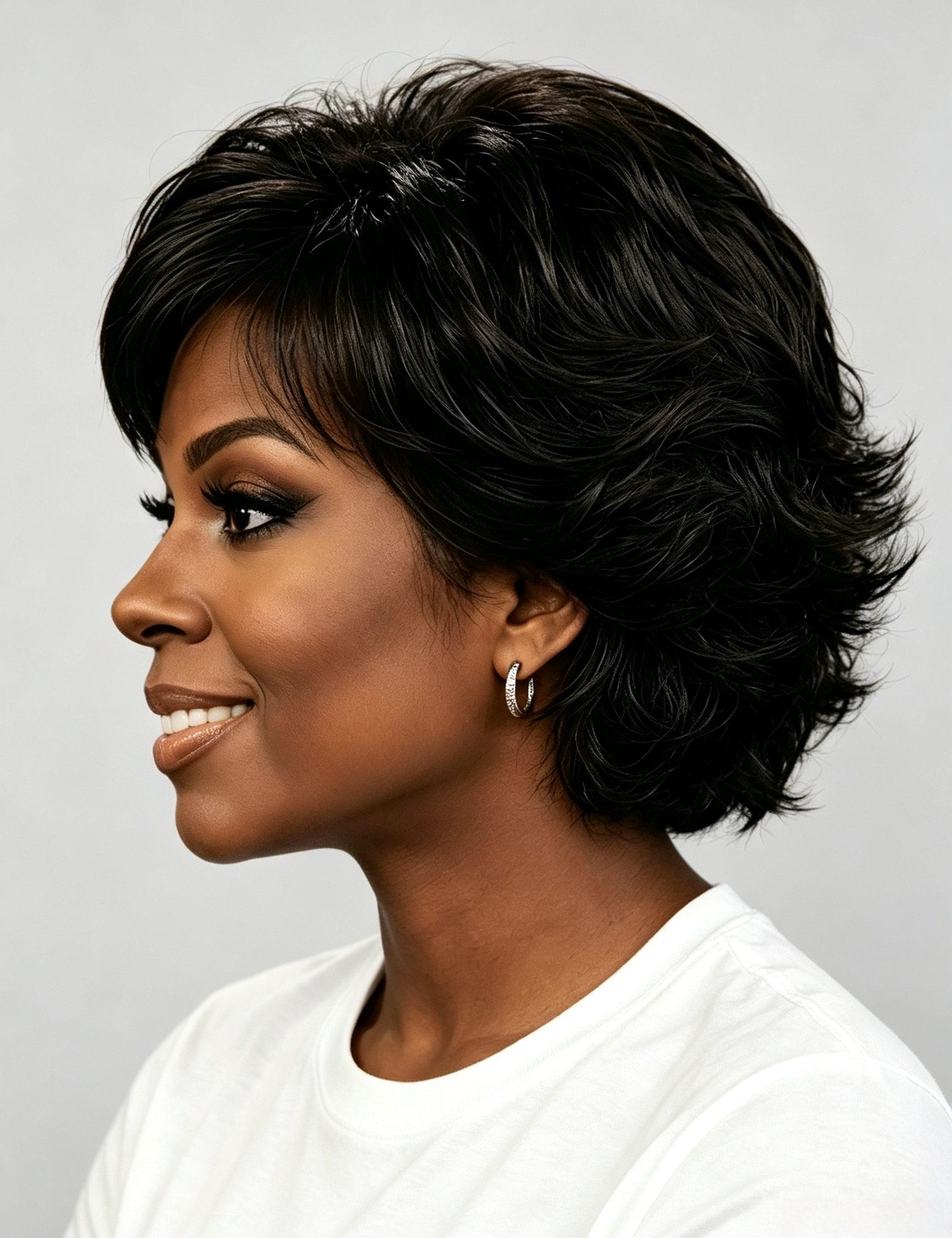 A woman shown in side profile wearing a short, layered, textured wig in dark black with subtle brown highlights, paired with a white crew-neck t-shirt and small hoop earrings against a light gray background.