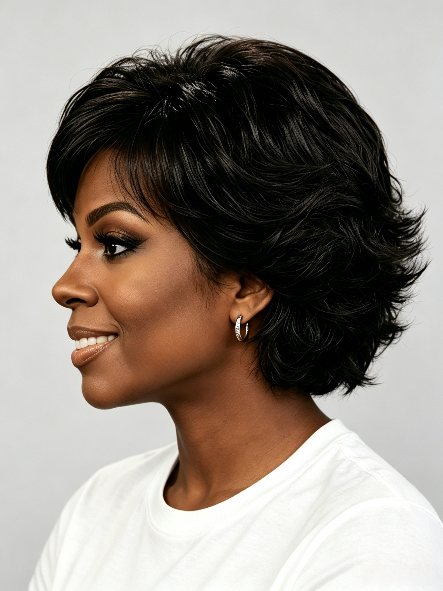 A woman shown in side profile wearing a short, layered, textured wig in dark black with subtle brown highlights, paired with a white crew-neck t-shirt and small hoop earrings against a light gray background.