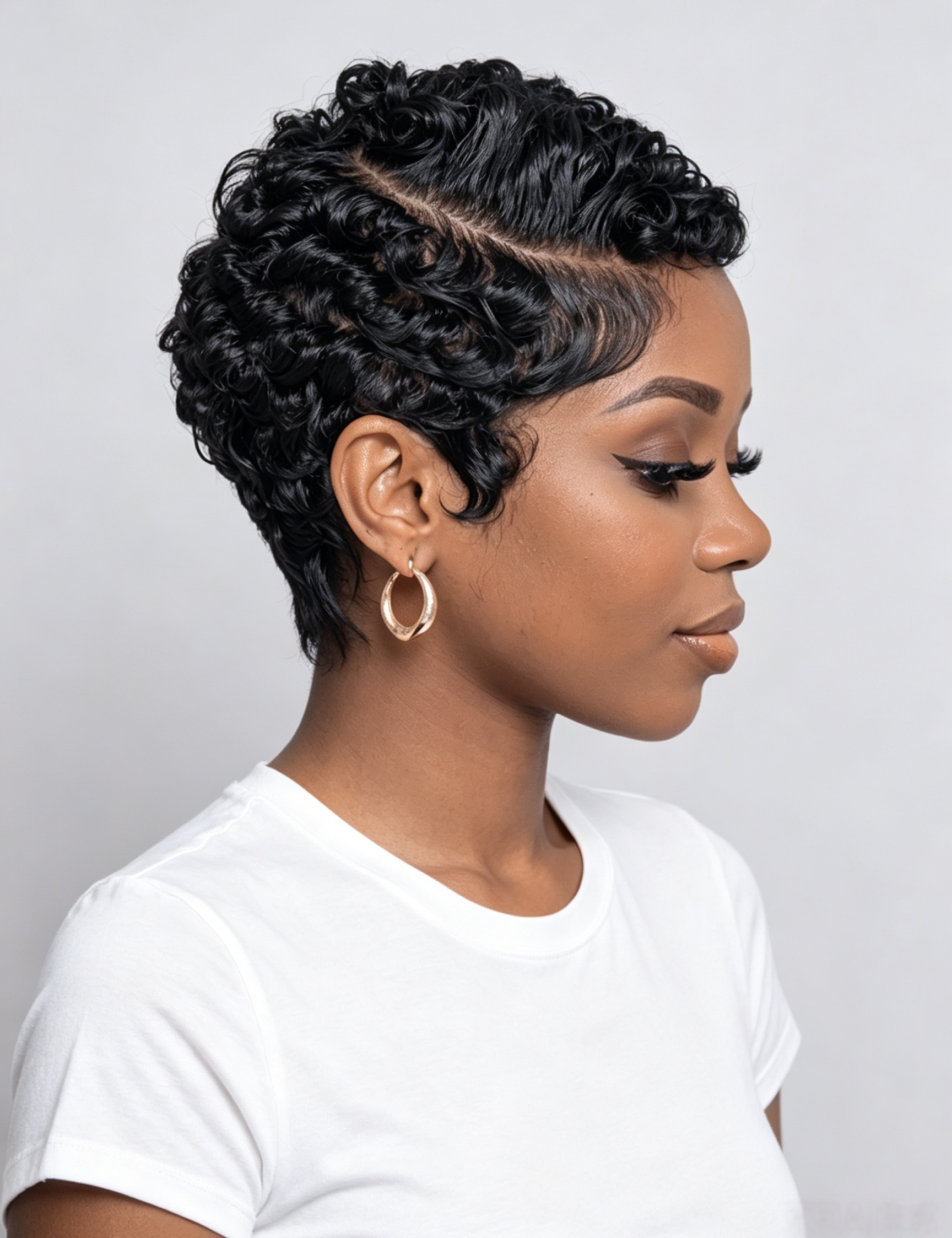 A woman in profile wearing a short, curly black wig with a side part, styled with gold hoop earrings and a white t-shirt against a light gray background.