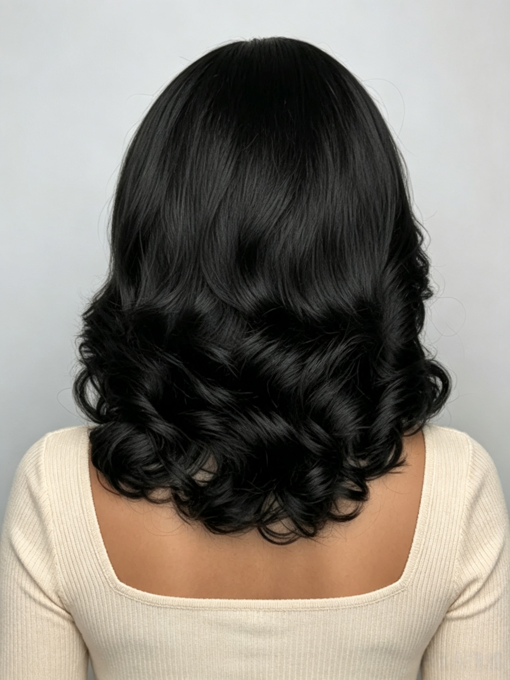 A person shown from the back wearing a long, wavy black wig or hairpiece, photographed against a plain light gray background.