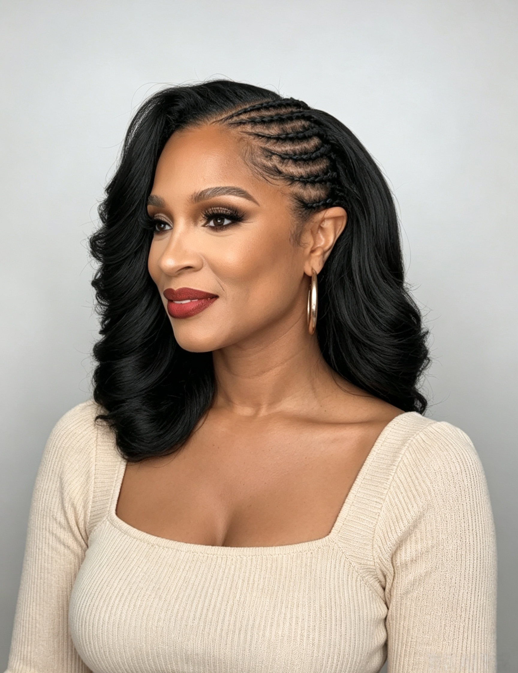 A woman with long, black, wavy hair styled with cornrow braids along the side, wearing a cream ribbed long-sleeve top against a light gray background.
