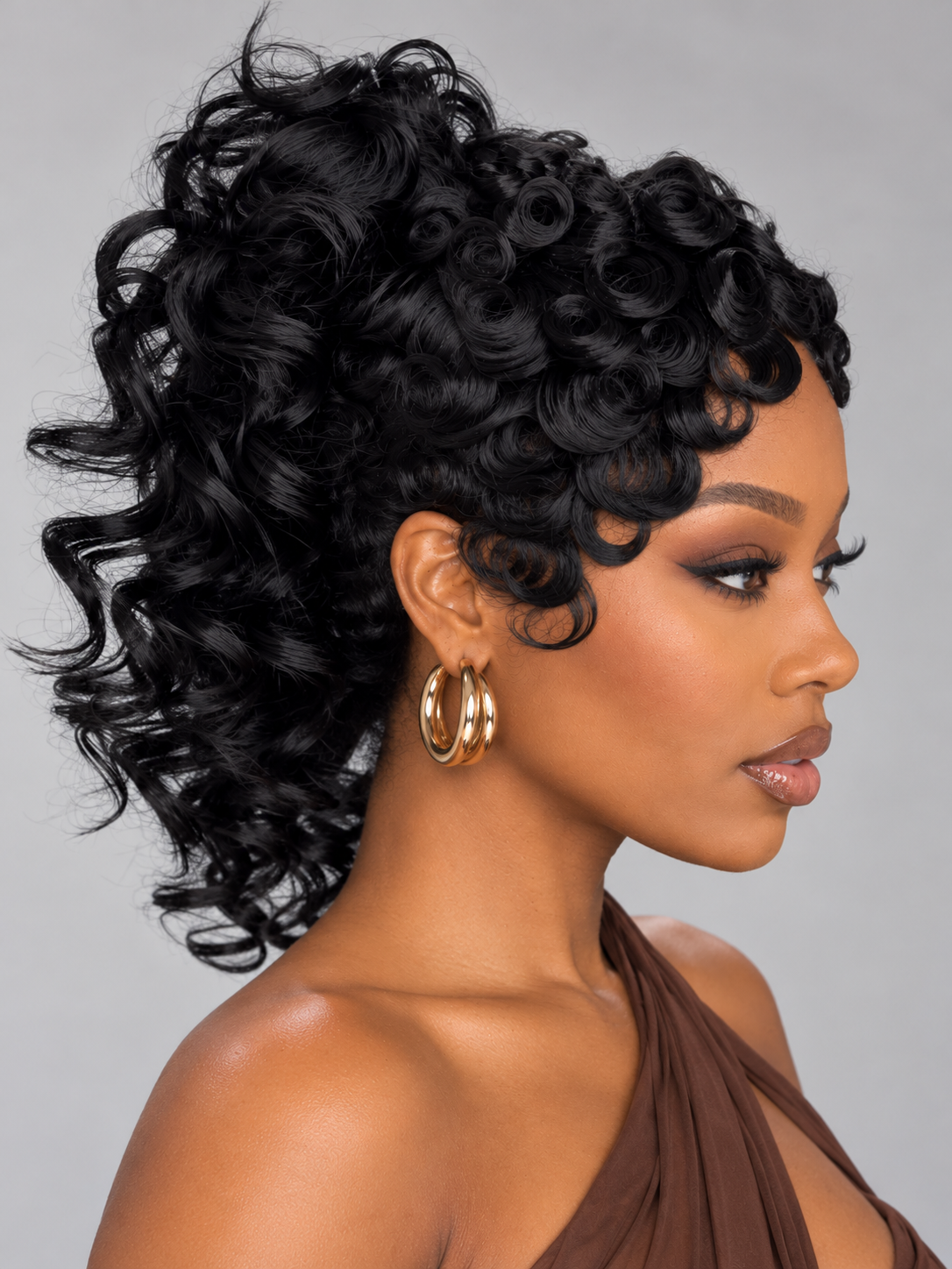 Loyalrose Black curly Ponytail Wig 100% human hair Glueless Machine Made
