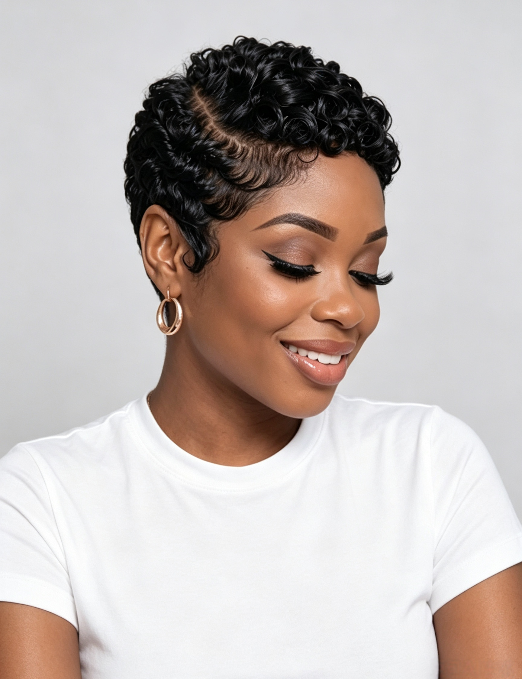 A woman with a short, curly black wig or hairpiece wearing a white t-shirt and gold hoop earrings, shown in a close-up portrait against a light gray background.