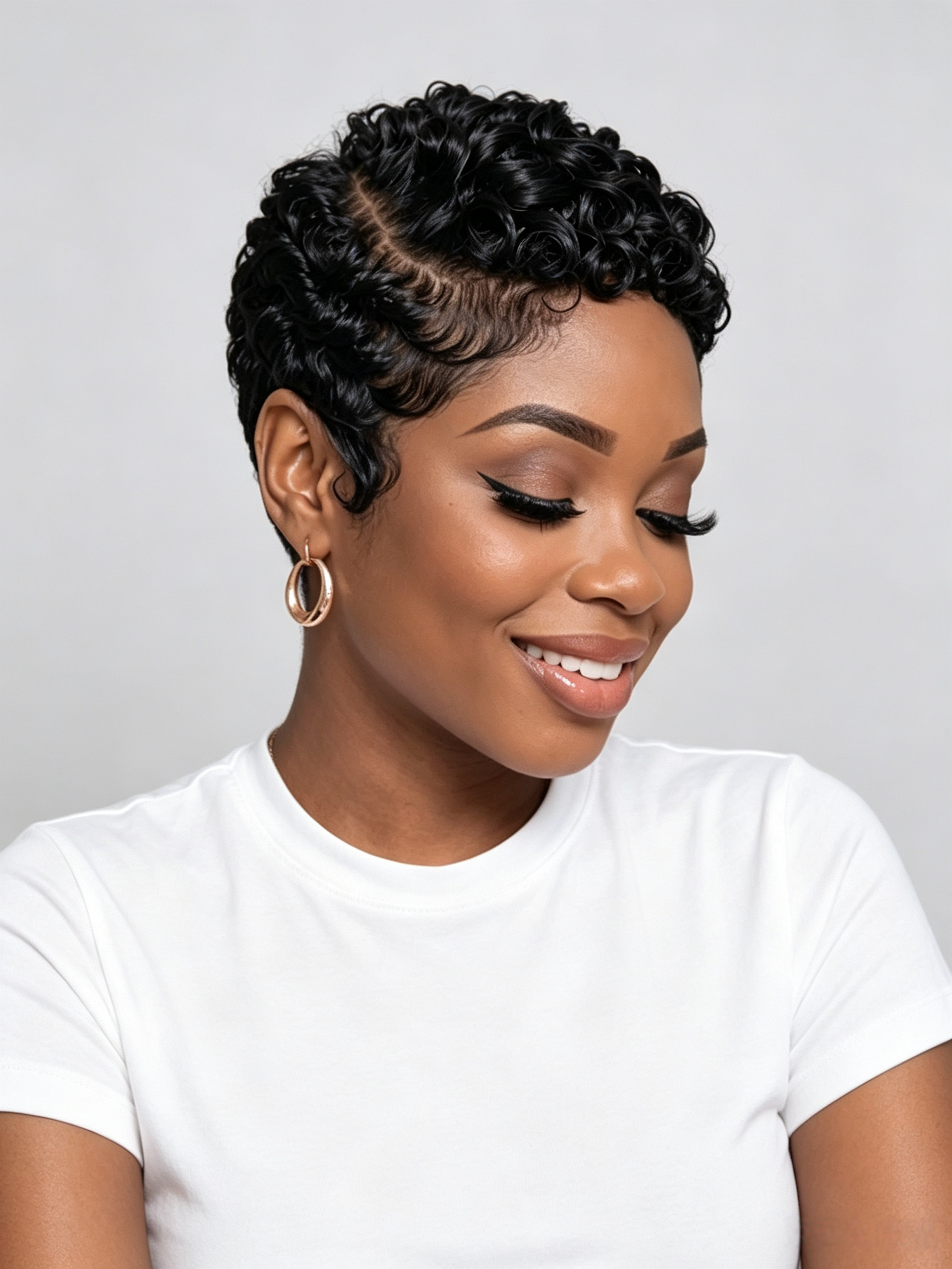 A woman with a short, curly black wig or hairpiece wearing a white t-shirt and gold hoop earrings, shown in a close-up portrait against a light gray background.