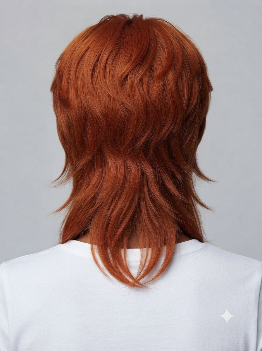A layered, shoulder-length auburn red wig with soft waves, shown from the back on a model wearing a white t-shirt against a light gray background.