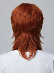 A layered, shoulder-length auburn red wig with soft waves, shown from the back on a model wearing a white t-shirt against a light gray background.