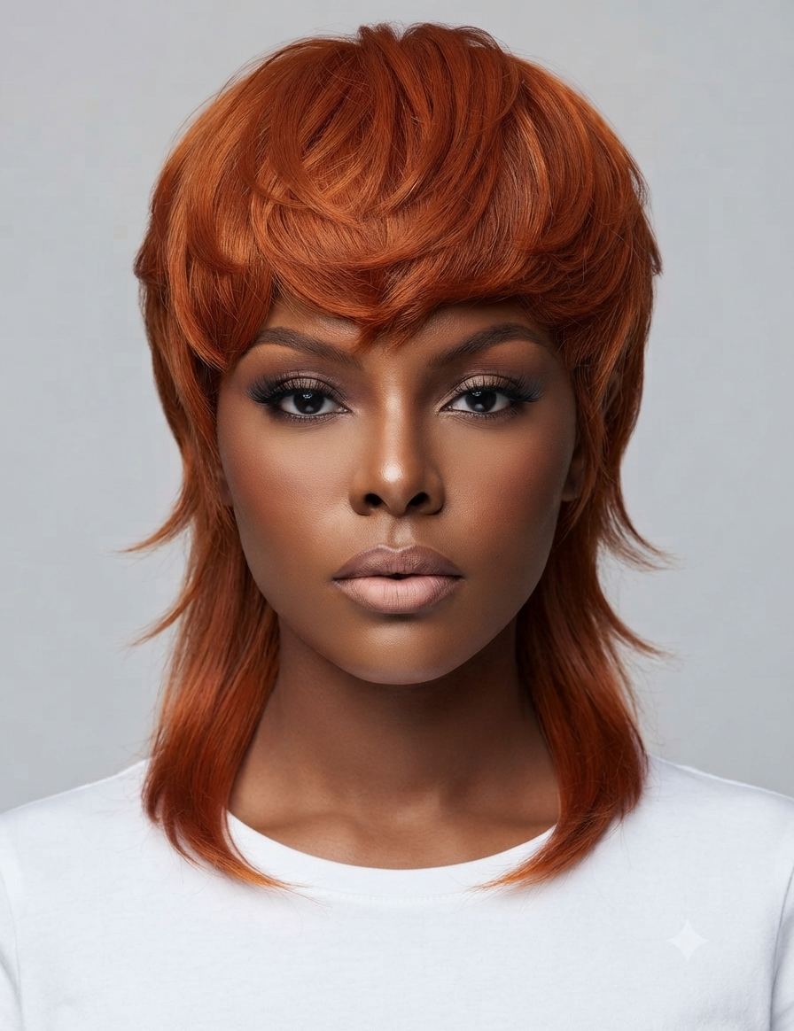 A woman wearing a short, layered wig with warm coppery orange-red hair, styled with soft bangs and side-swept layers, against a plain light gray background.