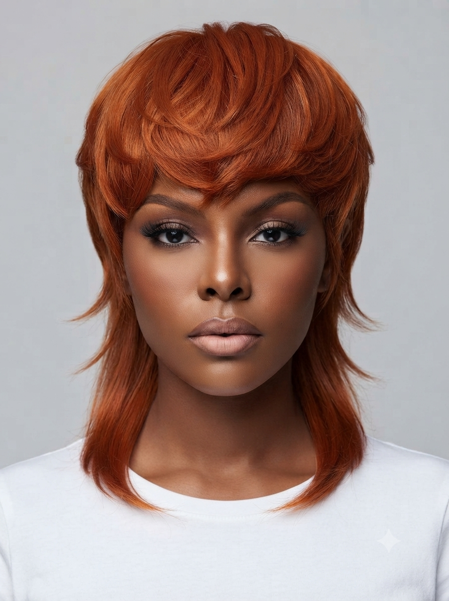 A woman wearing a short, layered wig with warm coppery orange-red hair, styled with soft bangs and side-swept layers, against a plain light gray background.