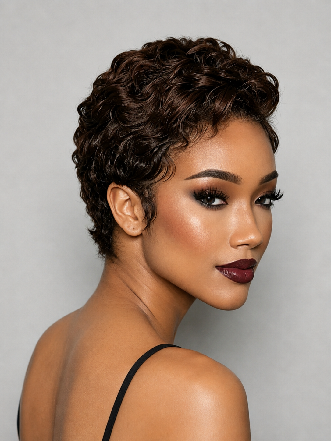 A woman with short, curly dark brown hair is shown in a three-quarter portrait against a plain light gray studio background. She is wearing a black spaghetti-strap top and has dramatic eye makeup and dark burgundy lipstick.