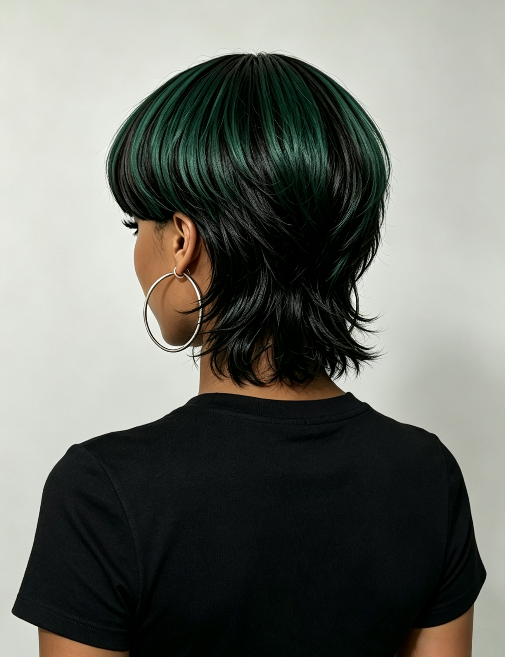 Rear view of a person wearing a short layered wig with dark black and deep emerald green streaks, paired with a black t-shirt and large silver hoop earrings against a light gray background.