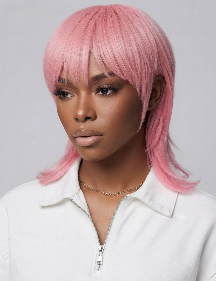 A woman wearing a short pink wig with straight bangs, styled with side-swept bangs and layered ends, paired with a white zip-up top against a light gray background.