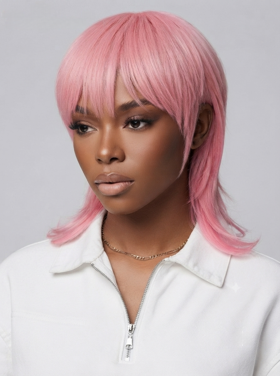 A woman wearing a short pink wig with straight bangs, styled with side-swept bangs and layered ends, paired with a white zip-up top against a light gray background.