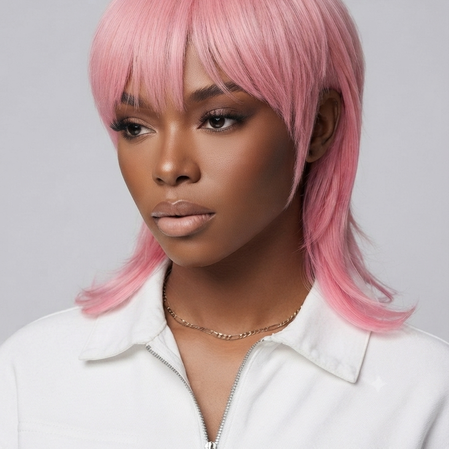 A woman wearing a short pink wig with straight bangs, styled with side-swept bangs and layered ends, paired with a white zip-up top against a light gray background.