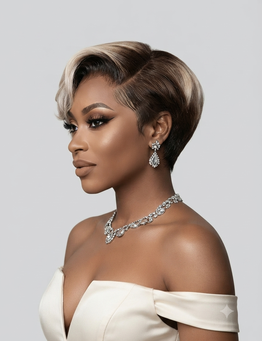 A woman in profile wearing a short, styled wig with dark brown roots and warm blonde highlights, styled with a silver rhinestone necklace and matching drop earrings against a light gray background.