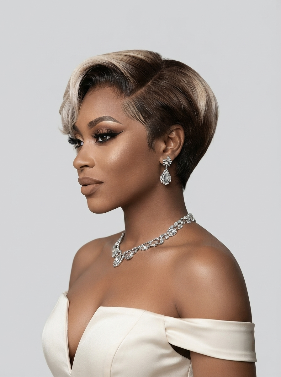 A woman in profile wearing a short, styled wig with dark brown roots and warm blonde highlights, along with a sparkling diamond necklace and matching drop earrings, against a light gray studio background.