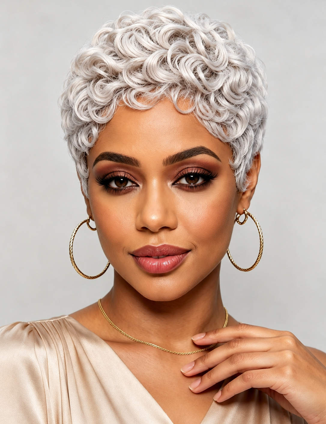 A woman with a short, curly platinum-blonde wig, gold hoop earrings, and a gold necklace, wearing a champagne-colored satin top against a light gray background.