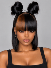 Loyalrose Pre-styled wig straight frontal lace 13*6 Black&honey brown color without glue with 2 hair bun with bang 12 inches
