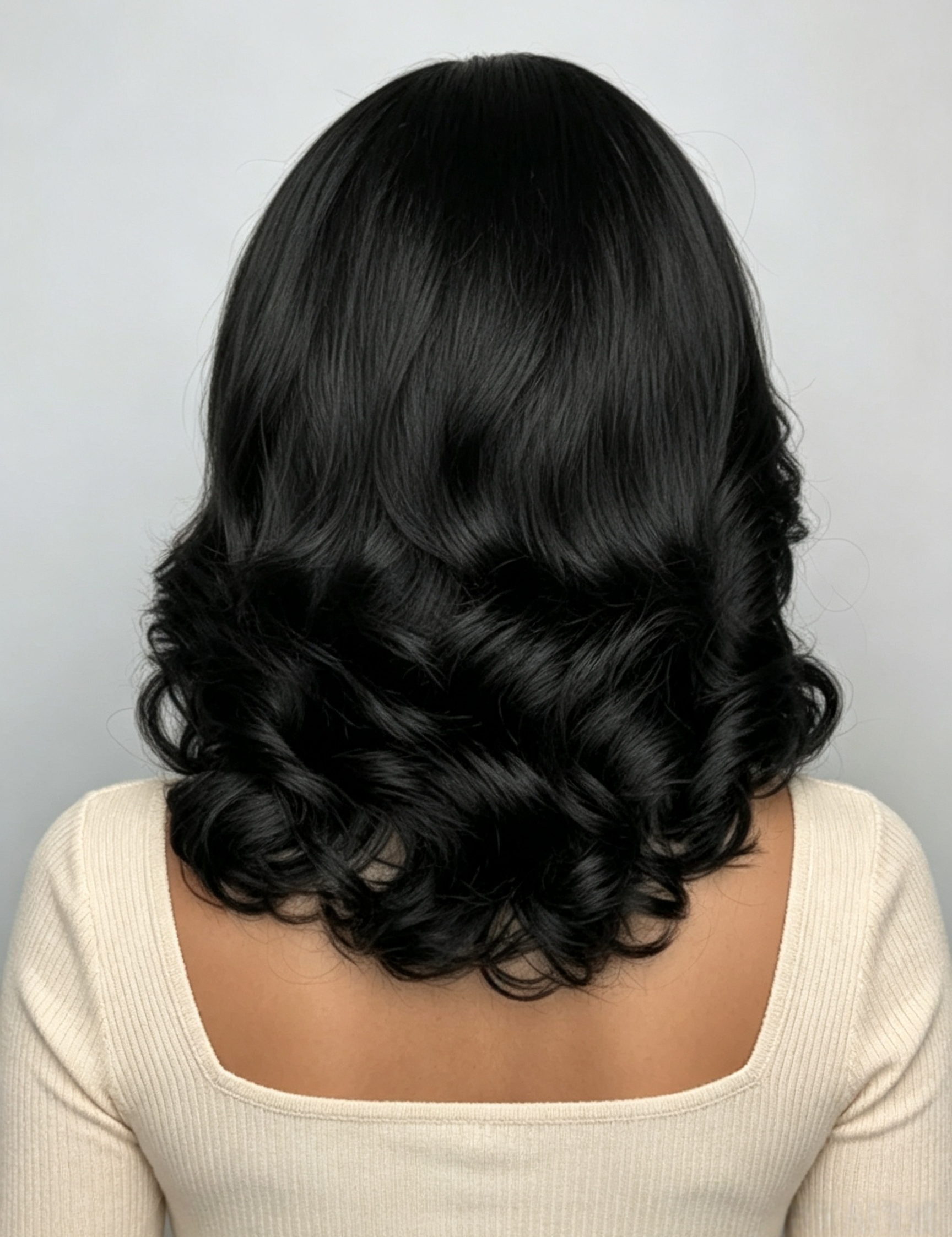 A person shown from the back wearing a long, wavy black wig or hairpiece, photographed against a plain light gray background.