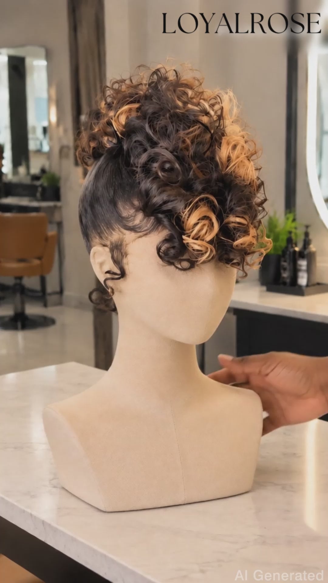 Loyalrose Pre-styled wig Egg curl wave 360 lace Black mix brown color without glue with Bang and Ponytail 18 inches