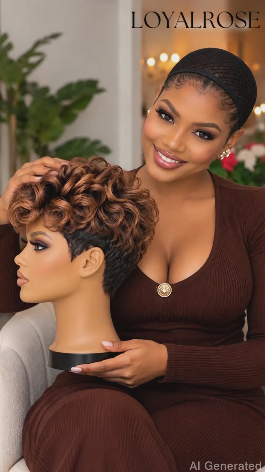 Loyalrose Pixie wig Deep Curly 8 inches Black mix brown 100% human hair with bang Glueless machine made