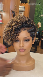 Loyalrose Bob Wig Curly and finger wave Black mix blond color Side part lace 13x4 Glueless 100% Human Hair