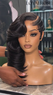Loyalrose Bob wig frontal lace 13*6 Side part Black color without glue Finger wave+Asymmetrical Layered style