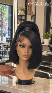 Loyalrose Pre-styled wig straight frontal lace 13*6 Side part Black color without glue with Ponytail 12 inches