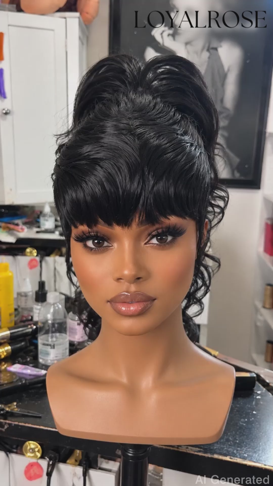Loyalrose Black Straight Ponytail Wig 100% human hair Glueless with bang Machine Made
