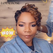 Loyalrose Pixie Loose Curly wig Black mix brown high light color glueless Side part Frontal 13x4 lace 100% Human Hair style 2