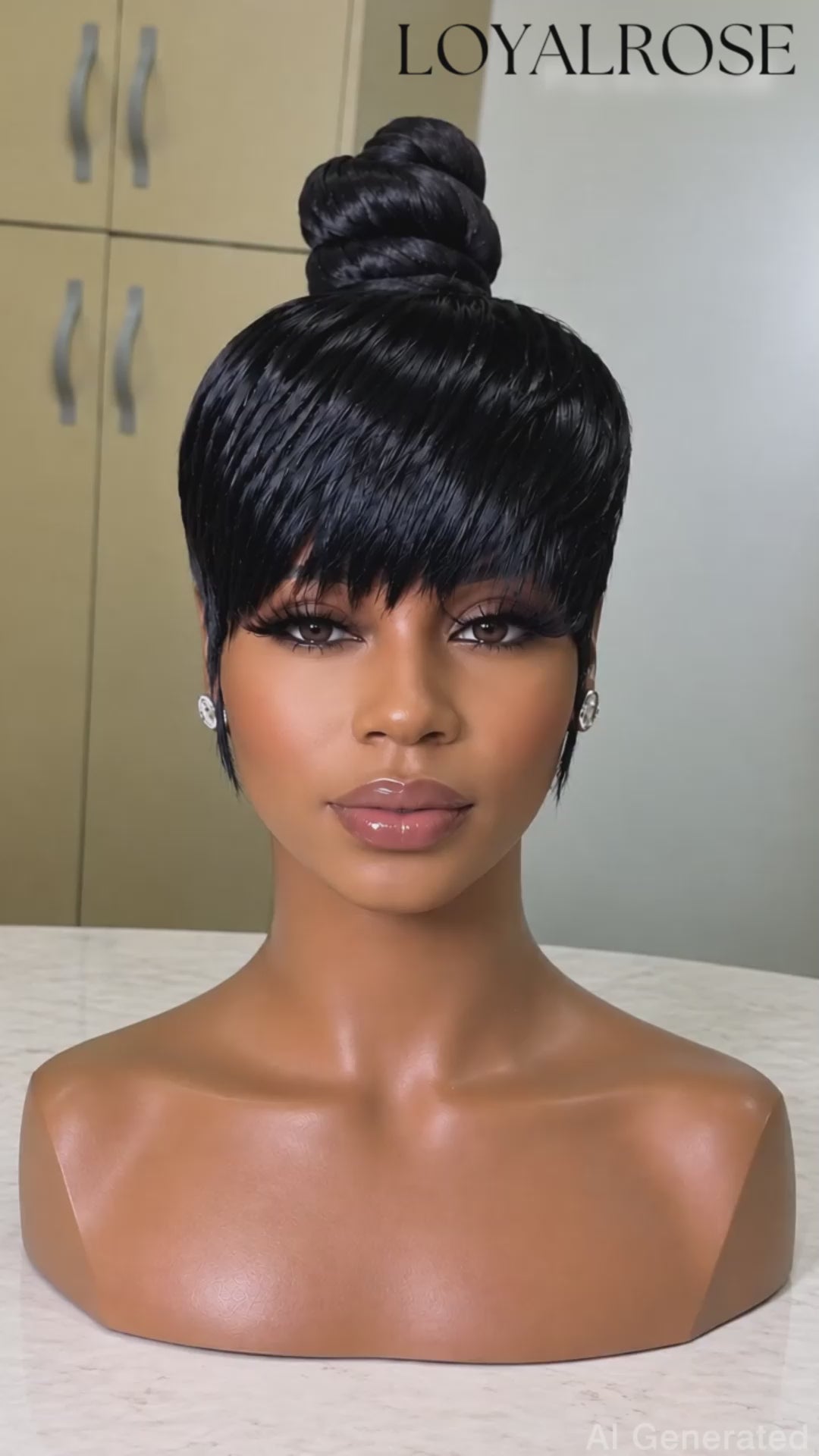 Loyalrose Pre-styled wig Straight lace 360 Black color without glue with Fringe and bun 16 inches